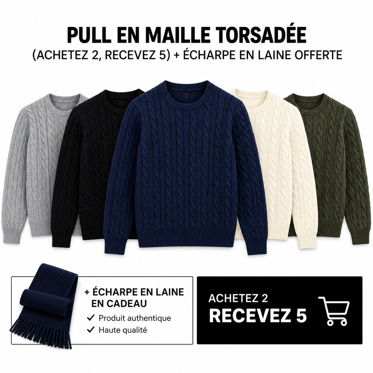 LOT DE PULLS EN MAILLE TORSADÉE RL – 2 ACHETÉS, 5 REÇUS + ÉCHARPE EN LAINE OFFERTE